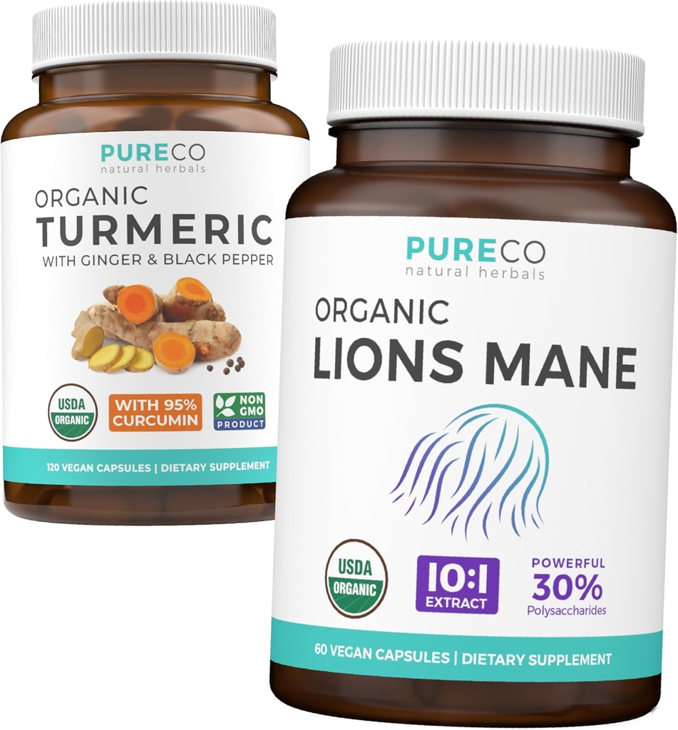 Curcuma e Lions Mane (1-mese di alimentazione) Bundle curcuma curcuma organica con pepe nero & Ginger (120 caps) & Organic Lions Mane Mushroom 10:1 Extract (60 caps)