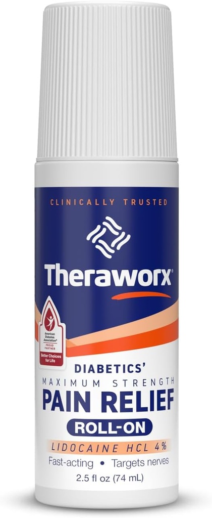 Rilievo di dolore di diabetici massima resistenza di Theraworx Roll-On con lidocaina - 2.5 oz - 1 conte