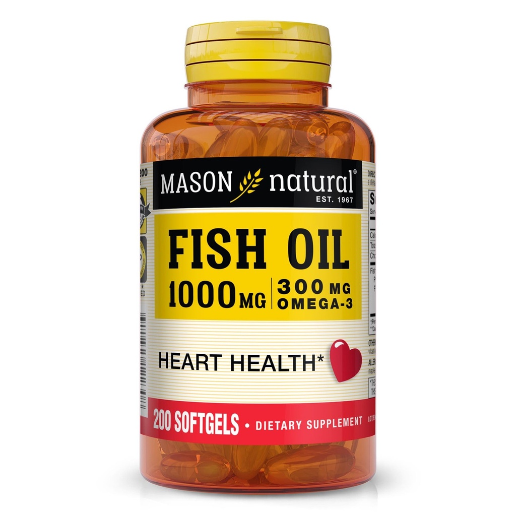 MASON NATURAL Omega,3 Fish Oil, 200, Day Supply, 1000mg con EPA e DHA per il supporto congiunto, Softgel Pills
