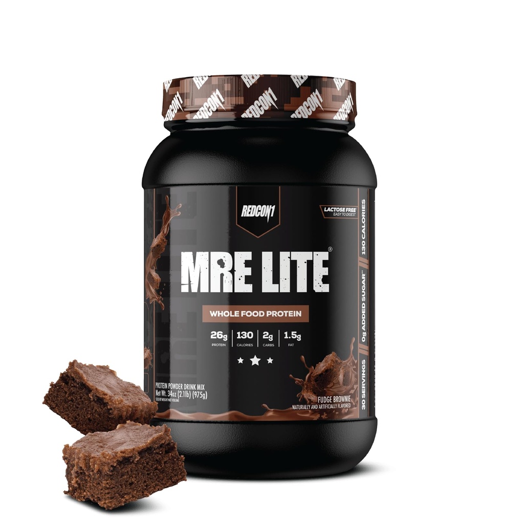 REDCON1 MRE Lite Polvere di proteine alimentari, Fudge Brownie - Bassa carb & Whey Sostituzione di pasti gratuiti con miscele di proteine animali - Facile da digerire Supplemento realizzato con oli MCT (30 Serve)