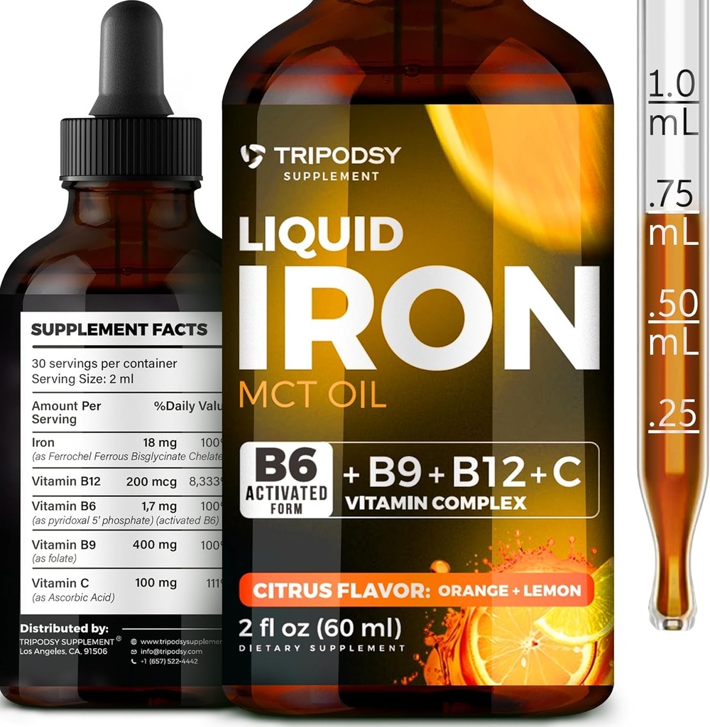 Supplemento di ferro liquido per le donne e gli uomini - Gocce di ferro con B6, B9, B12, vitamina C per l'anemia, Costruttore di sangue, Folate per globuli rossi e supporto immunitario MCT olio (2 FL OZ, Cirtruc)