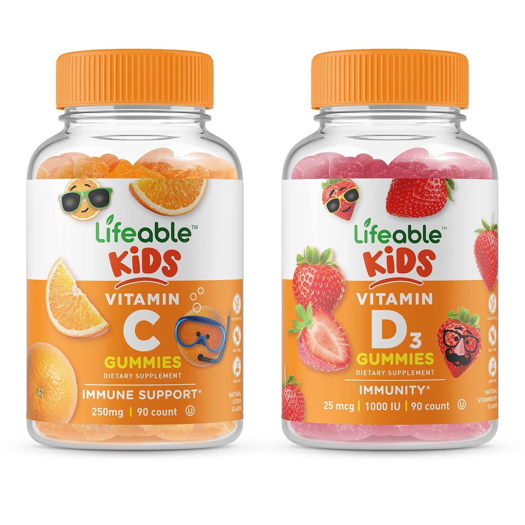 Vitamina vitale D Bambini + Vitamina C Bambini, Gummies Bundle - Grande Degustazione, Integratore di vitamina, Senza glutine, OGM Libero, Gomma masticabile