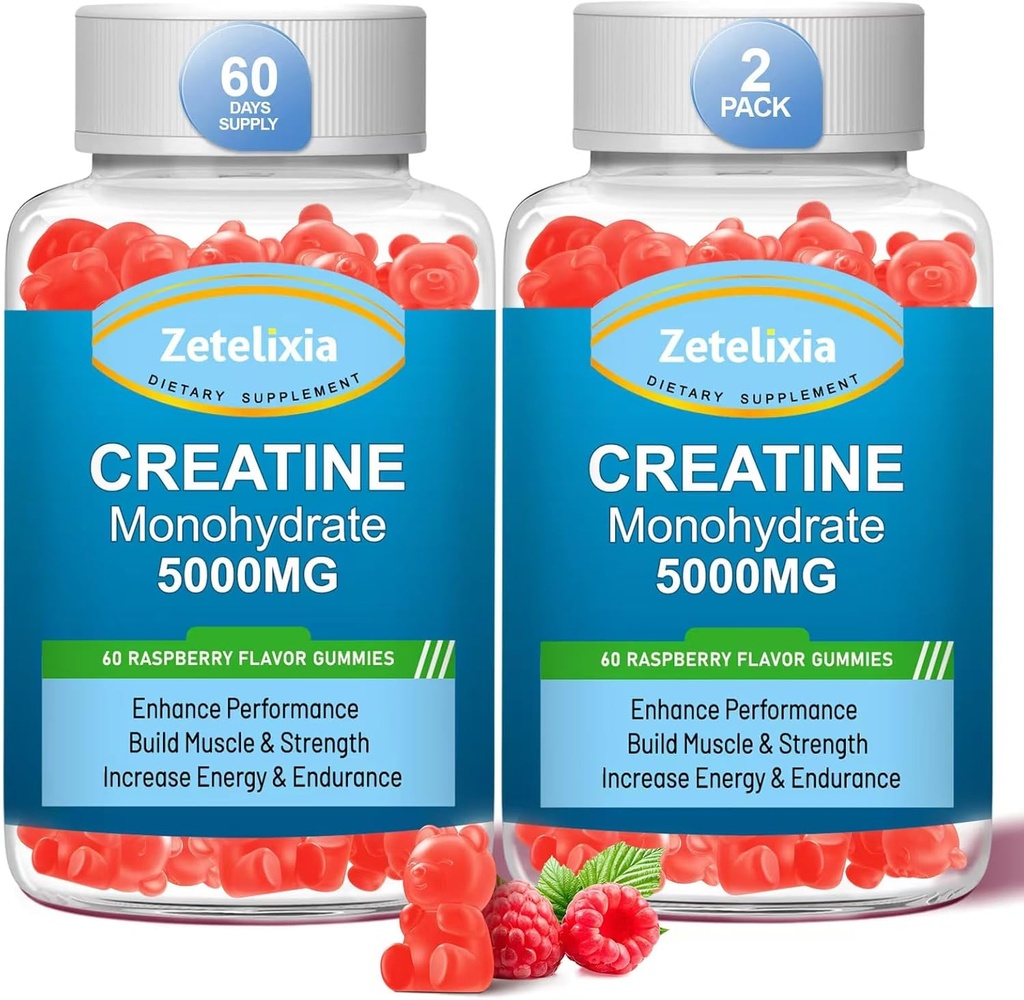 2 Pack Creatina Monoidrato Gummies, Creatina Monoidrato per Uomini e Donne, Formula potenziata con BCAA, Vitamina B12, Taurina, Supporto muscolare, Energy Boost, Sugar Free, Vegan, 120 Count