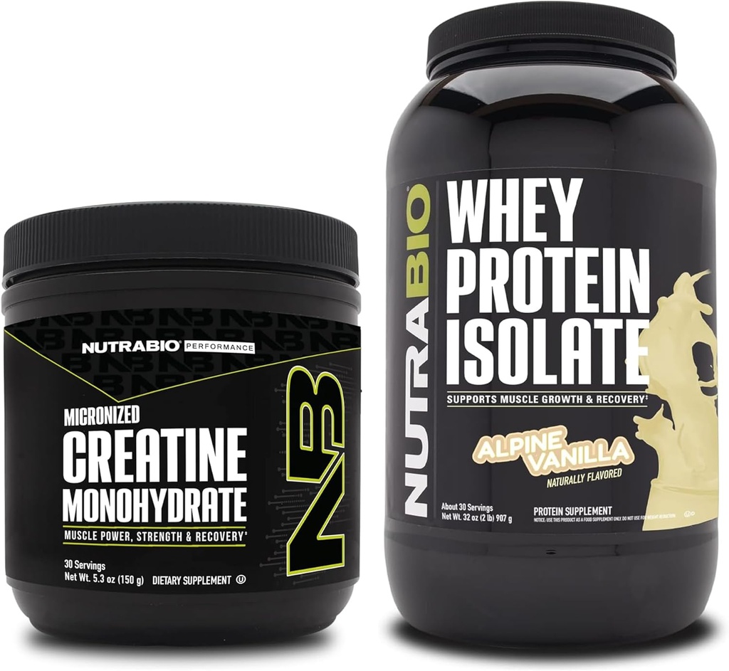 NutraBio Creatina monoidrato, non aromatizzato, 150g e Whey Protein Isolate, Vaniglia alpina, Supplement Bundle - Muscle Energy, Lean Muscle Growth, Recovery, and Strength
