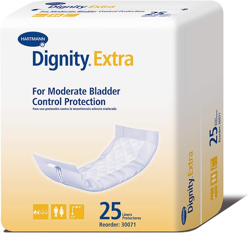 Dignity Extra Incontinence Liner per Uomini e Donne - Bladder Leak Pads, Moderate Absorbency - One Size Fits Most, 4 in x 12 in, 25 Conte, 1 Confezione