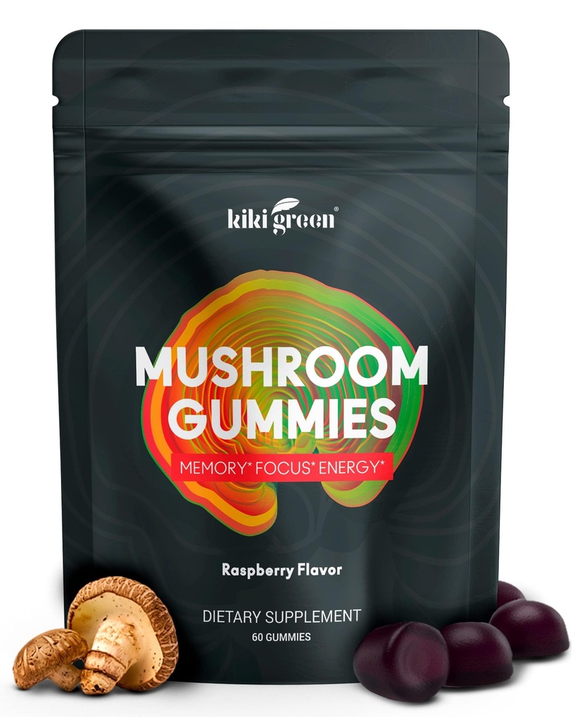 KIKI Green Mushroom Gummies con Lion's Mane e 9 Adaptogen Superfoods Blend - Chaga, Red Reishi, Cordyceps, Shiitake, Black Fungus | 60 Count, 10:1 Extract