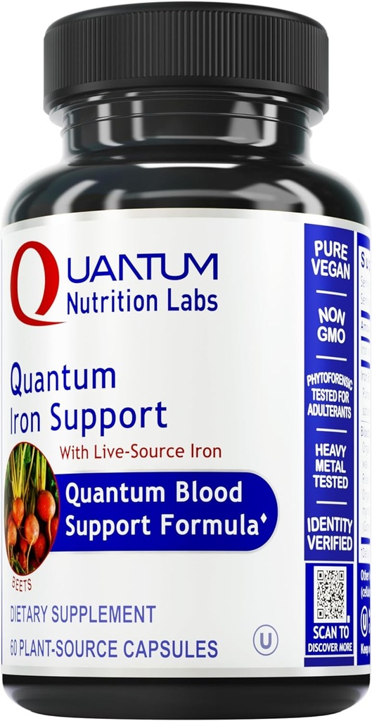 Quantum Nutrition Labs Iron Support - Supplemento di ferro per le donne e gli uomini, Integratori di ferro vegano, Ferro da stiro a basso dosaggio Gentle, naturalmente Fonte di sostenere Sangue sano - 60 capsule vegetariane