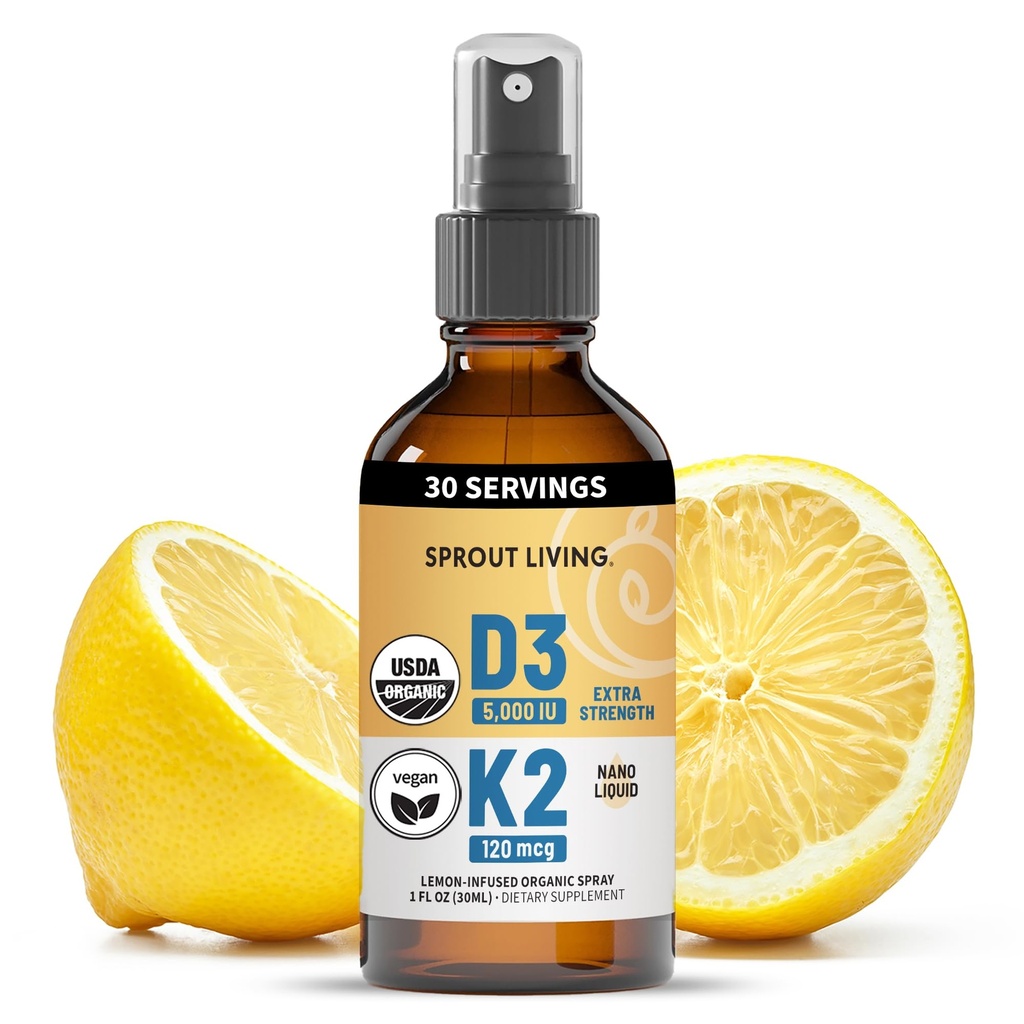 Vitamina organica D3 5000 IU (Licena) + K2 120 mcg (Cacidi fermentati), Immune, Bone & Heart Health con assorbimento di calcio | Minerali di trace, Limone & Citrus, Sugar Free, Spray (1 FL OZ, 30 Serve)