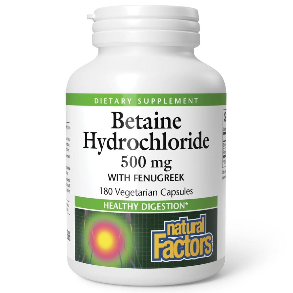 Fattori naturali, Betaine HCL 500 mg, Supporta la digestione sana e un microbiome sano, 180 capsule (180 porzioni)