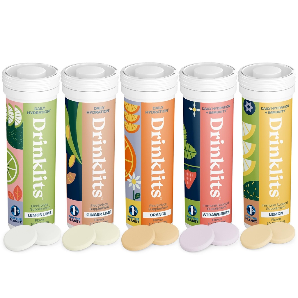 Drinklits Daily Hydration + Supporto immunitario (5) Flavor Combo Pack | Sapori di frutta gustosi - 0g Zucchero - Uso quotidiano | 5 Tubes/50 Servings (10 compresse per tubo)