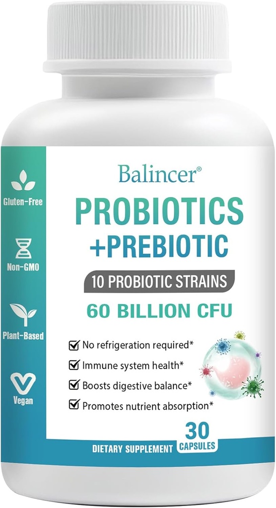 Probiotici e prebiotici organici per donne e uomini, 60 miliardi di CFU 10 Strains, Support Digestive & Gut Health, Gas & Bloating, 30 capsule