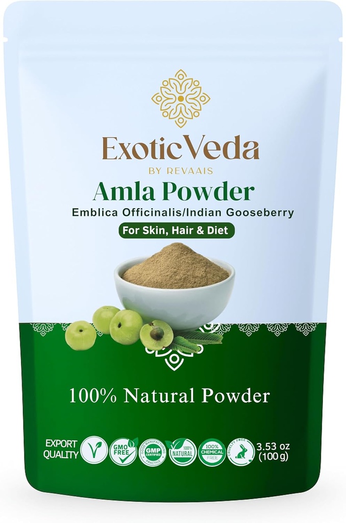 Polvere di Amla | 100% Pure & Natural Indian Gooseberry | Integratore di erbe ayurvedica per la cura dei capelli, Glow & Wellness | Non-GMO, No Additivi, Preservativi o Filler | 100g Pouch