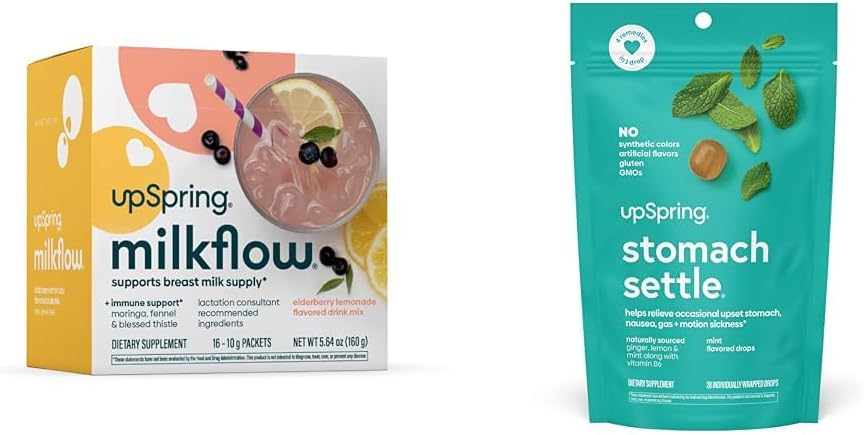 UpSpring Stomach Settle Drops, Mint Flavour, 28 Ct+Milkflow Supplemento Bevande Mix con Moringa & Beato Thistle, No Fenugreek |Elderberry Lemonade Flavor | 16 Bevande Miscele