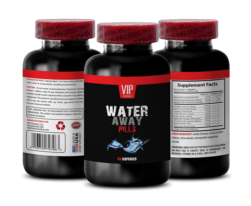 Supporto del tratto urinario - WATER AWAY DIURETIC PILLS - Watermelon, Dandelion, Paprika, Potassium, diuretici per ritenzione idrica in gambe e piedi, pillole diuretiche, integratori diuretici, 1B 60 Caps