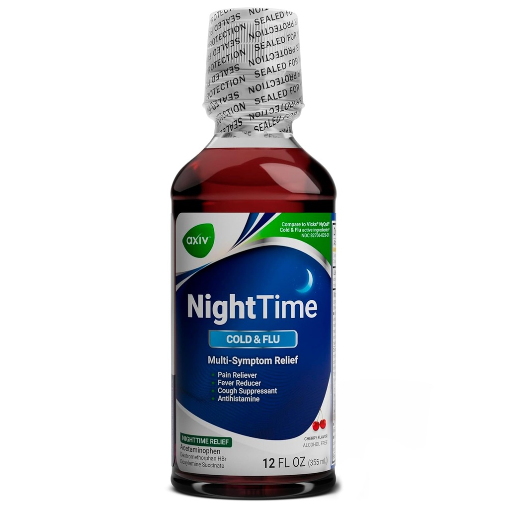 AXIV medicina del liquido freddo e del fluido di notte, formula di notte, multi-sintomo sollievo, dolore Reliever, Riduttore di febbre, tosse Suppressant, Cherry Flavor, 12 fl. oz.