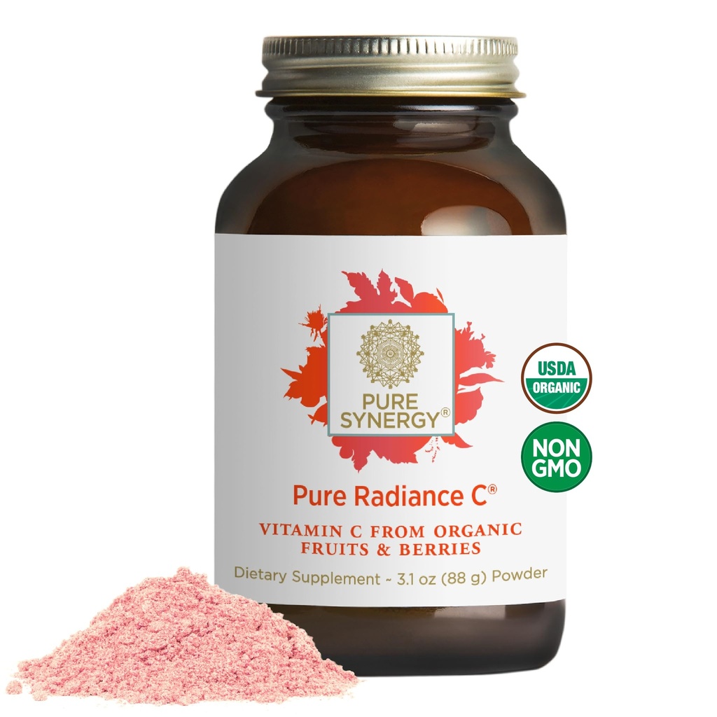 Pure Synergy Pure Radiance C | Polvere di vitamina C organica | 100% naturale, cibo intero, supplemento non OGM con camu camu| organico per supporto immunitario e collagene (polvere da 3,1 oz)
