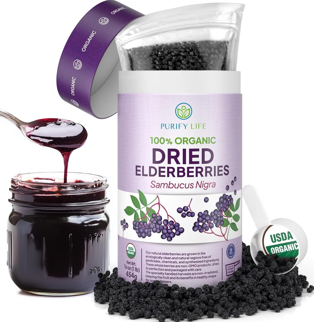 USDA Organic Dried Elderberries 1lb Bulk (Safest Packaging, Sacchetto Resealable, BPA-Free Scoop) Naturale, non irradiato, Raw Whole Black Elderberry, Supporto Immune, Make Sambucus Elderberry Syrup, 1 Pound