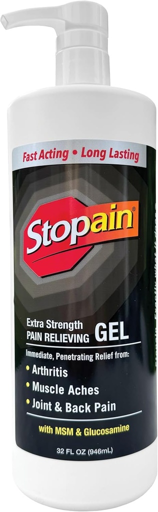 Stopain Pain Relief Gel 32oz, USA Made, Max Strength Fast Acting con Menthol, MSM, Glucosamina per il dolore comune, Dolore alla schiena, Artrite, Ginocchio, Dolore al collo, HSA FSA Approvato OTC Topical Analgesic Prodotto