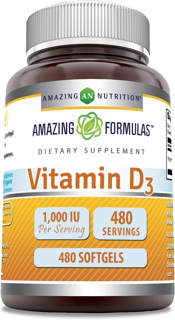 Incredibile formula Vitamina D3 1000 IU Softgels Supplemento | Non OGM | Gluten Free | Confezionato in USA (1 Confezione | 480 Conte)