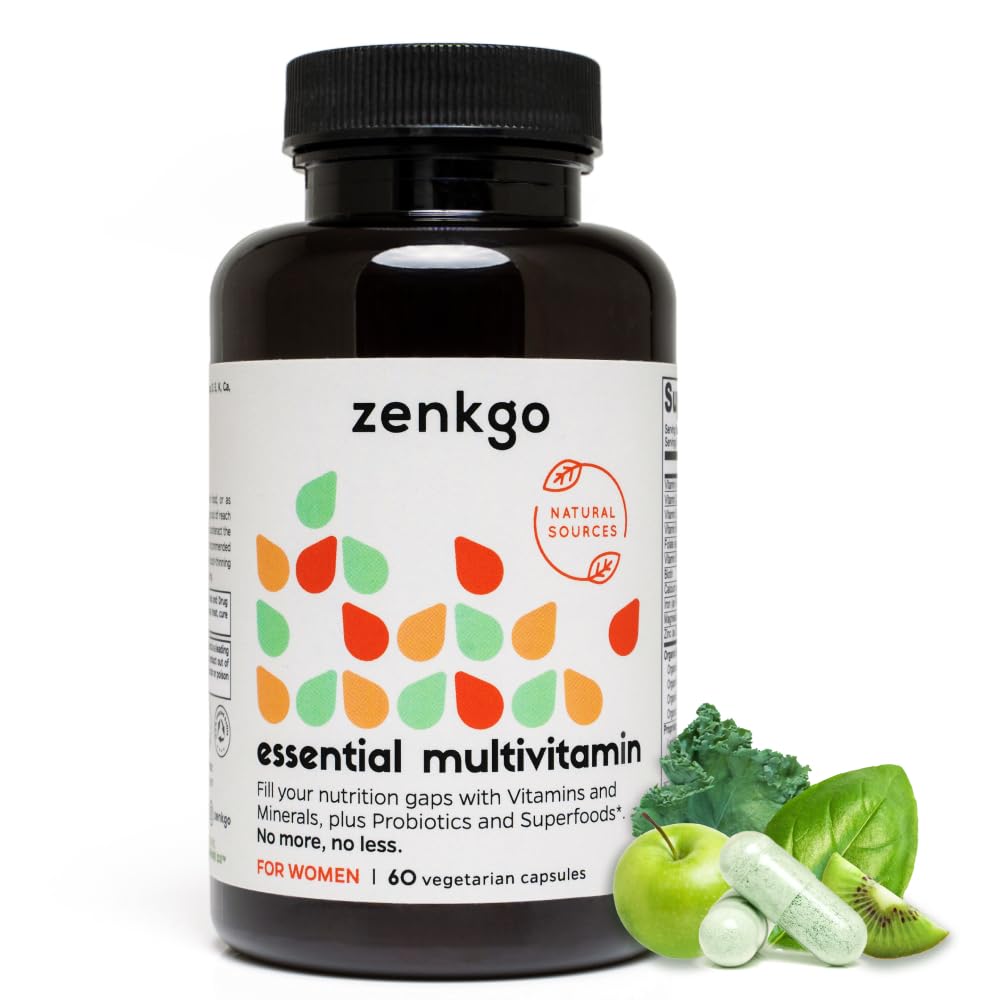 Zenkgo Multivitamins + Organic Whole Foods+Probiotics for Women, Supports Immunity, Digestione, Energia, Gut Health, Vitamine A, E, B6, B12, Vegan D3, K2 (MK-7), Folate, Minerali, Superfoods(60Ct/30Day)