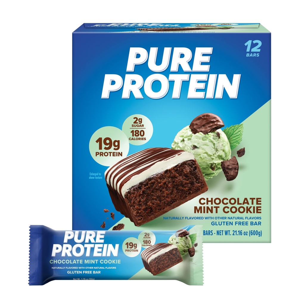 Pure Protein Bars, High Protein, Spuntini nutrienti per sostenere l'energia, Basso zucchero, Senza glutine, Biscotto di menta al cioccolato, 1.76oz, 12 conte (Packaging May Vary)