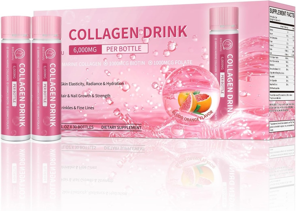 Bevanda di collagene con 6000 mg Peptidi di collagene marino, pattini di collagene liquido per la bellezza di sostegno delle donne, integratori di collagene per la pelle, il benessere dei capelli e delle unghie, 0.85 Fl.Oz (25 ml)x30 Bottiglie, arancione del sangue