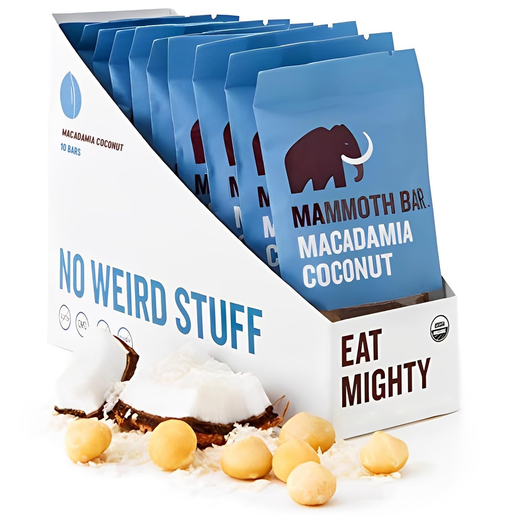 Mammoth Bar Macadamia Coconut Bar - 10 barre di proteine organiche – Alta fibra • Paleo • Gluten Free • Proteine dell'uovo • GMO Free • Raw • Nut Premium • Prebiotici