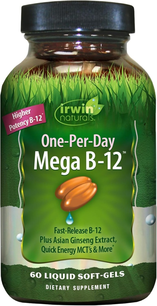 Irwin Naturals Mega B-Complex - 60 Liquid Softgels - Vitamina B Complex con Vitamina B12, Folate B9, Biotin B7, B1, B2, B3, B5, B6, e Quick Energy MCTs