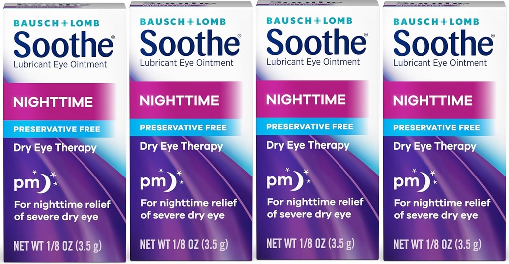 Soothe Eye Ointment di Bausch & Lomb, Lubricant Relief per gli occhi secchi, idratante e confortevole Nighttime Dry Eye Therapy, adatto per gli occhi sensibili, Preservative Free, 3.5 g - 4 Pack