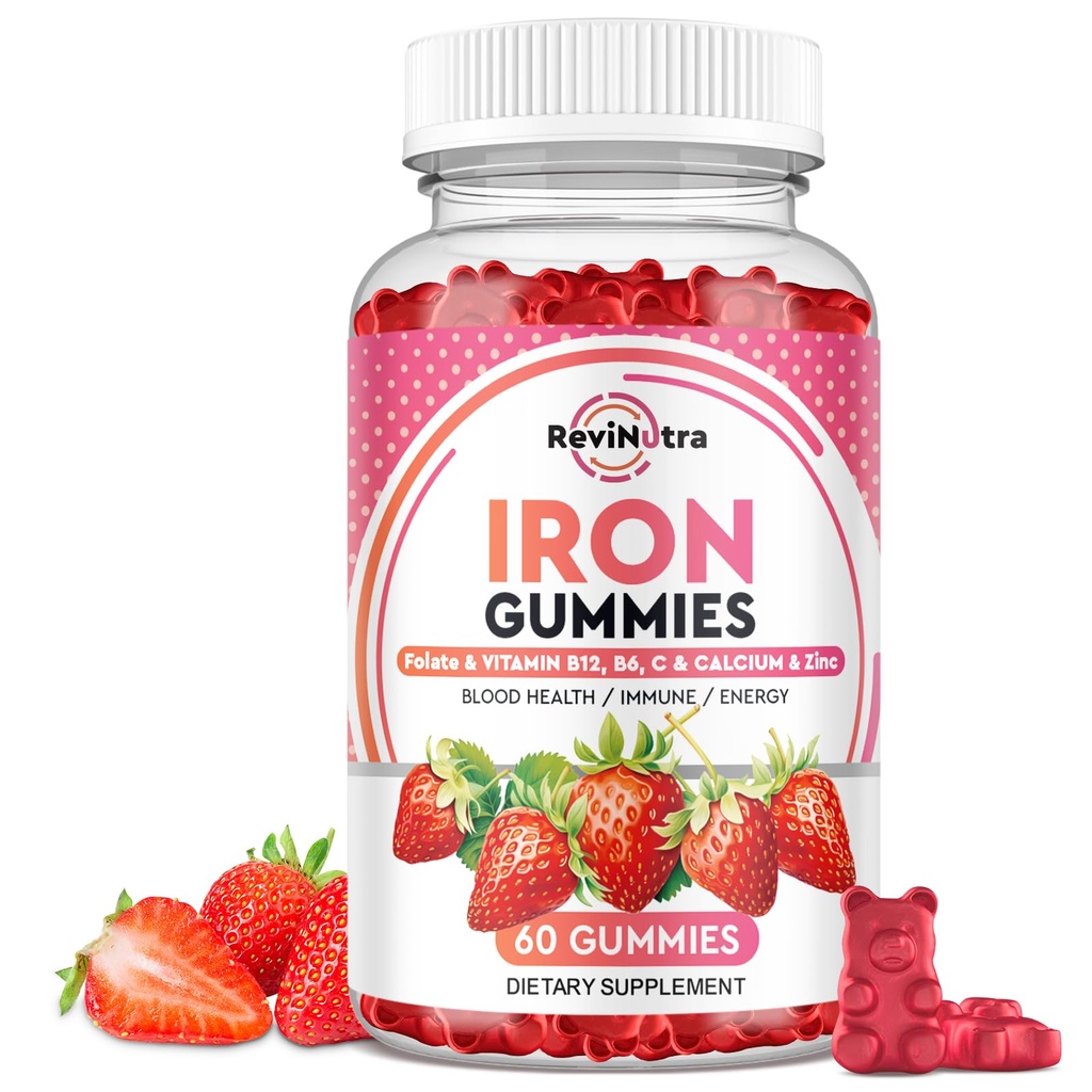 Gummie di ferro - con Calcio, Zinco, Folato e Vitamina B12, C, B6 per adulti e bambini - Sangue Builder & Energy Support per la carenza di ferro, Anemia, Vegan - 60 Gummies