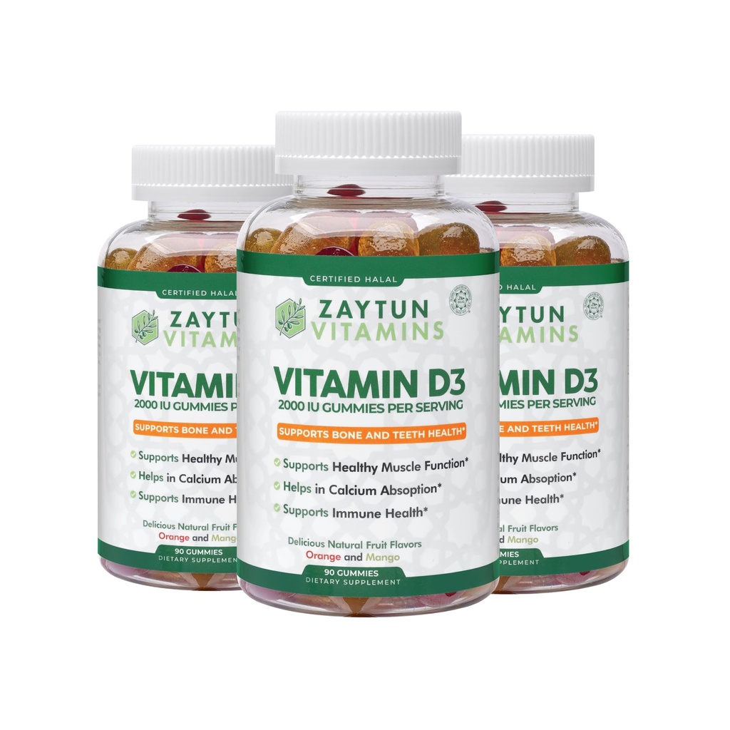 Zaytun Halal Vitamin D3 2000 IU Gummies, Supporta la Bone & Immune Health, promuove la funzione muscolare, Gluten & Gelatin Free, (3-Pack) - Made in USA