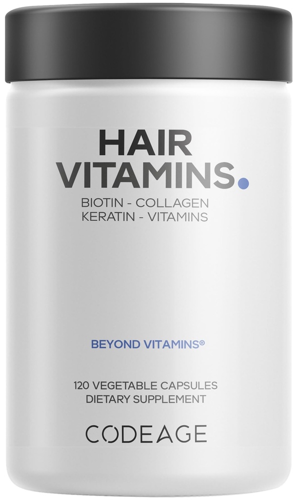 Codeage Hair Vitamins 10000 mcg Biotin, Keratin, Collagen, Vitamina A, B12, C, D3, E, Zinco, Turco, Probiotici, Enzimi, Inositolo - Supporto per la cura dei capelli - Pillole di supplemento per capelli sani - 120 capsule