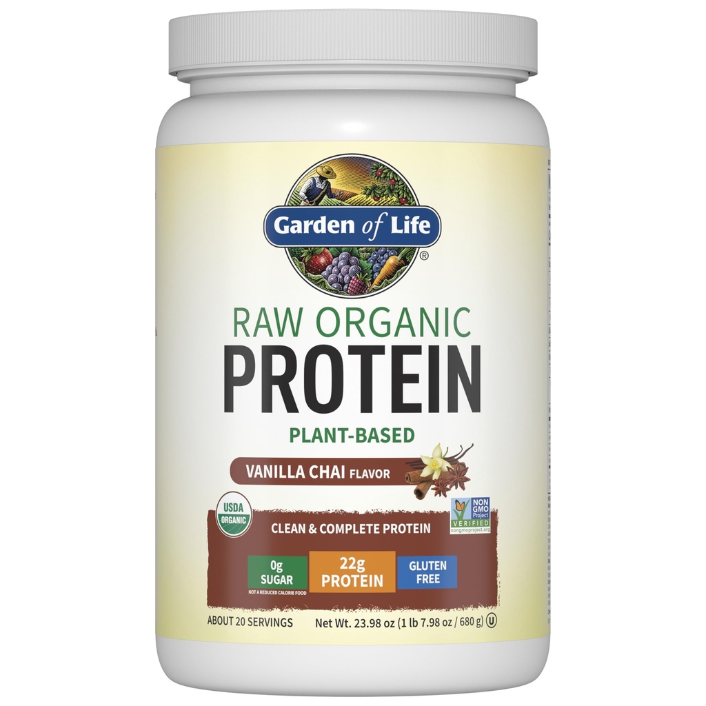 Giardino della vita Organico Vegan Protein Powder, Plant Based & BCAAs, Organic Protein Powder with Probiotics & Enzymes, Non OGM, Gluten-Free Lactose, Vanilla Chai, 1.2 LB