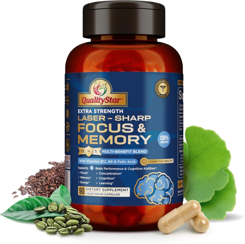 Vitamine di messa a fuoco e memoria, 13-in1 miscela multi-benefici per la salute cognitiva e cerebrale, supplemento di memoria per cervello, 90 capsule vegetariane