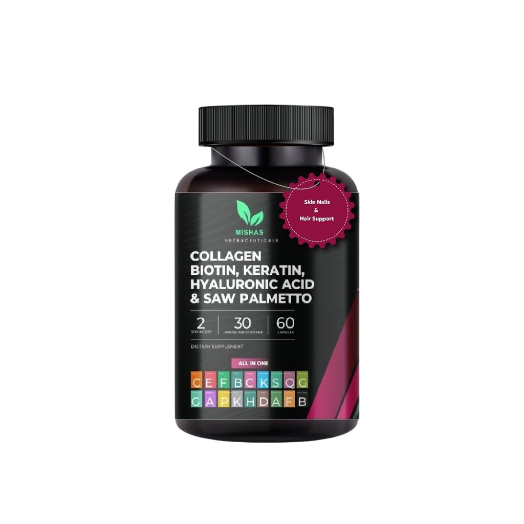 Multi Collagen Hair Pills - Biotin 10.000mcg, Keratin & Acido Ialuronico - Crescita dei capelli - Hair Skin & Nails Vitamine & DHT Blocker - Vitamina E Folic Acid Pumpkin Seed MSM, Saw Palmetto 60 Vegan Capsule