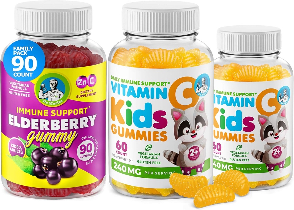 DR. MORITZ Vitamina C Gummies and Elderberry Gummies for Kids and Adults - Supporto immunitario Vitamine gommose a basso consumo per bambini - Integratore alimentare vegetariano Gelatin-Free per bambini