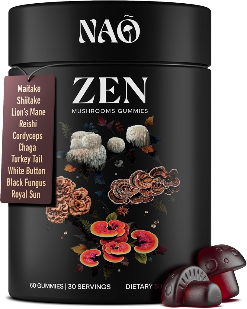 NAO Made in USA 10-in-1 Mushroom Gummies Nootropic – Premium Blend with Reishi, Lion’s Mane, Chaga, Cordyceps, Shiitake, Maitake & Turkey Tail for Brain, Immune & Energy Support – Non-GMO, Vegan
