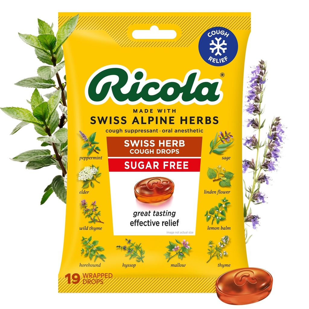 Ricola Sugar Free Swiss Herb Cough Drops, 19 Count, Cough Suppressant & Throat Rilieving Drops with Naturally Sourced Menthol, Pleasing Taste for Coughs & Throat Irritation Symptom Relief