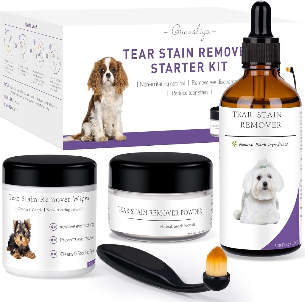 Kit di avvio del dispositivo di rimozione della macchia del cane, con l'estratto della strega della lunetta, rimuovere le macchie della lacrima, scarico e muco, include la soluzione della macchia, le Wipes del applicatore, la polvere della macchia e la spazzola, dura 30-45 giorni