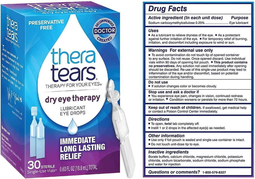 TheraTears Dry Eye Therapy Lubricating Gocce per occhi secchi, Preservative Gocce per occhio libero, 30 Vial mono-Use (3 Pack)
