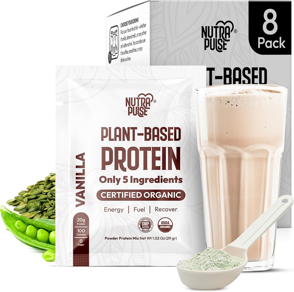 Organic Vegan Protein Sample Pack - Proteina Basata sulle piante, Senza Glutine, Non OGM, 20g Protein Per Serving, Grande per Smoothies & Shakes (Vanilla, Pack di 8)