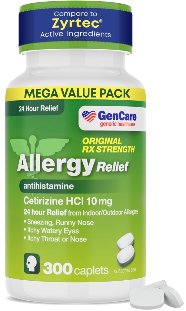 GenCare - Cetirizine HCL 10 mg (300 Caplets) - 24 ore Pillole di Allergia - Non Drowsy generico farmaci per l'allergia OTC - Medicina antistamina per starnutire, Runny Nose & Itchy Eyes - Generic Zyrtc