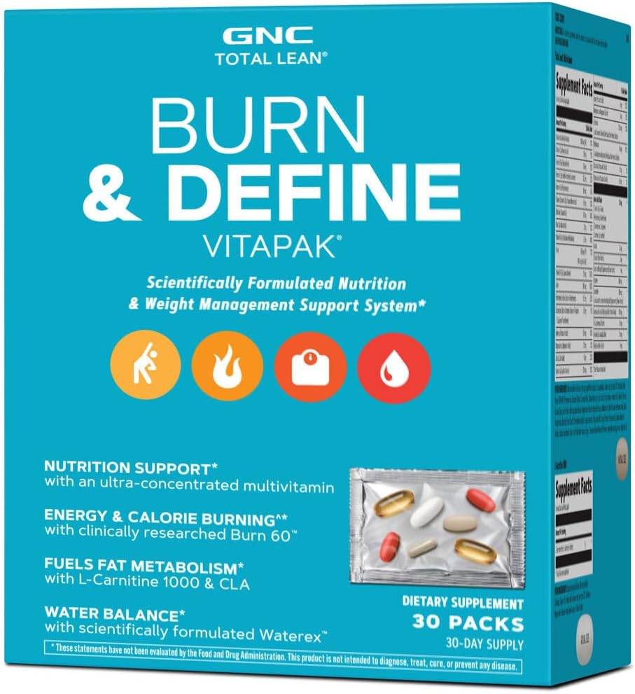 GNC Total Lean Burn and Define VitaPak Program for Men & Women, 5-in-1 Pack for Energy, Weight Management, Calorie Burn, Immune Health, Water Balance, 30 Serve