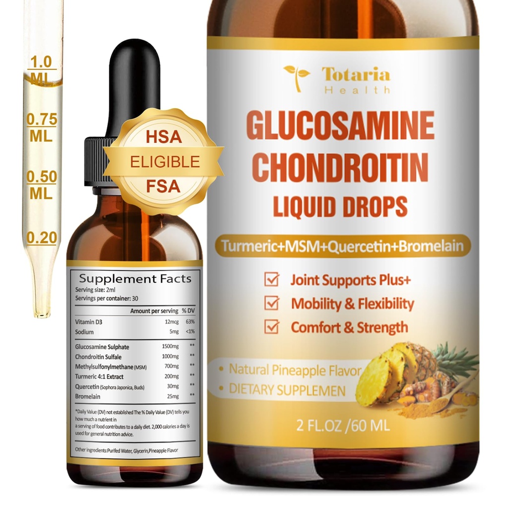 Glucosamina Chondroitin MSM Liquid Drops FSA-HSA - Integratore di supporto congiunto per la mobilità, Flessibilità & Bones Chondroitin Sulfate Supplemento Turmerico, Quercetina, Bromelain, MSM olio 2 FL.OZ