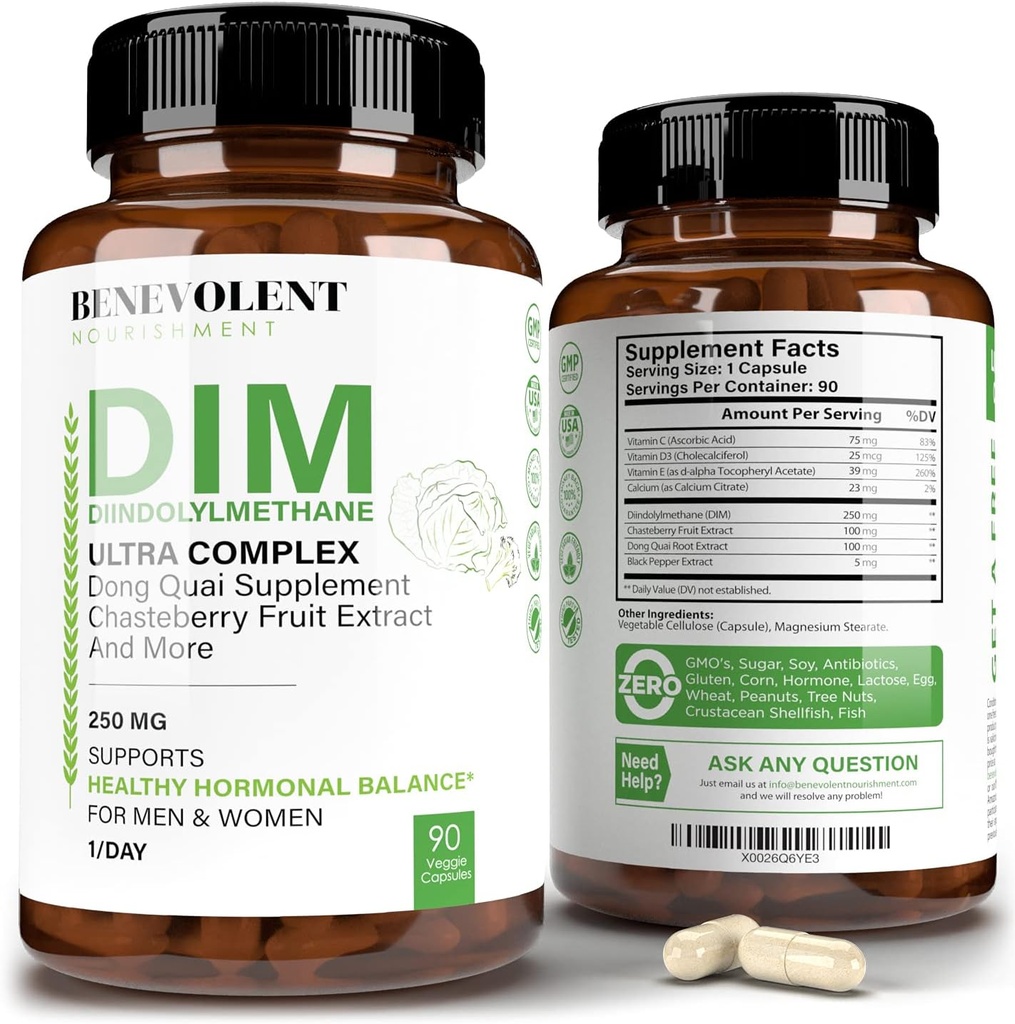 Benevolo nutrimento massima resistenza DIM Supplemento 250mg – 90 Vcaps Diindolylmethane Ultra Complex Plus Chasteberry, Dong Quai Extract + di più