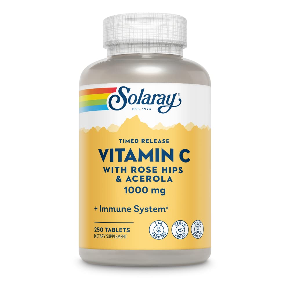 SOLARAY Vitamin C w/Rose HIPS & Acerola | 1000mg | Funzione immunitaria sana a due stadi, Pelle, Supporto per capelli e unghie | Non OGM | 250ct