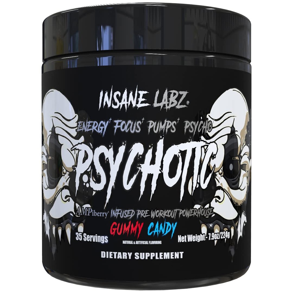 Insane Labz Psychotic Black Edition Mid Stimulant Pre Workout Powder, Energy Focus Pumps, Caricato con Creatine Beta Alanine Taurine Carburato da AMPiberry, 35 Servings (Gummy Candy)