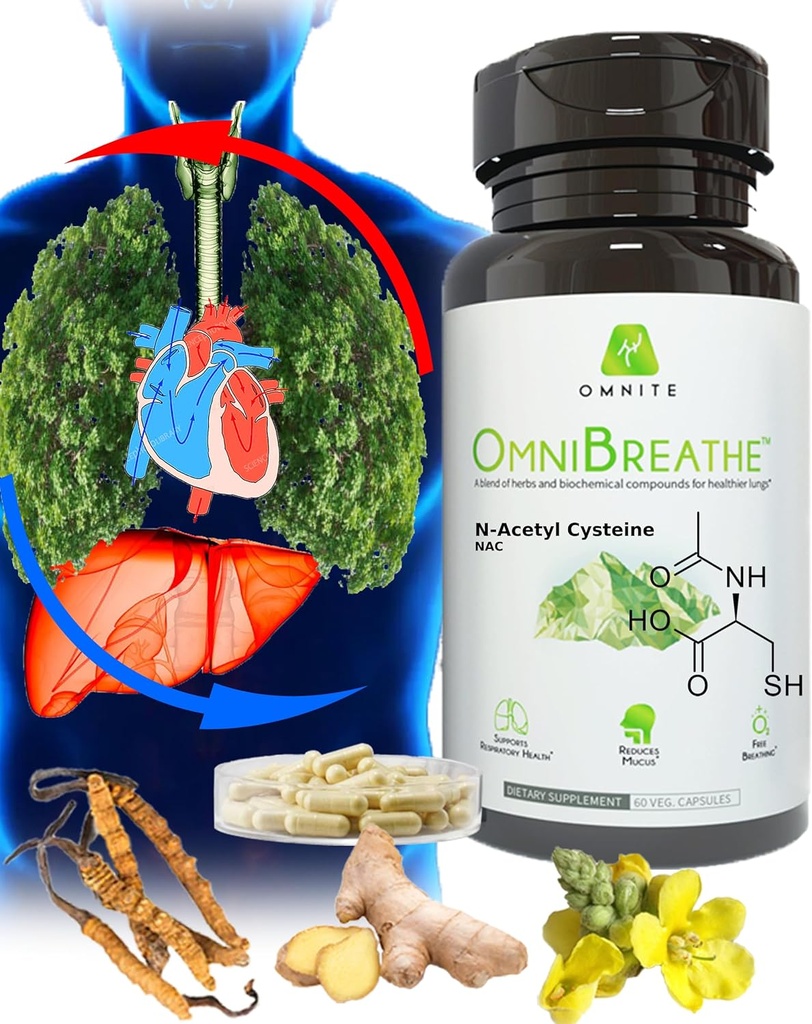OMNIBREATHE - Problemi di respirazione rapida improvvisa di NAC 600MG Formulato scientificamente w. Quercetin/Mullein/Coq 10/Ginger/Stinging Nettle/Bromelain,3 volte w. Meal (10-Day Supply to Boost)