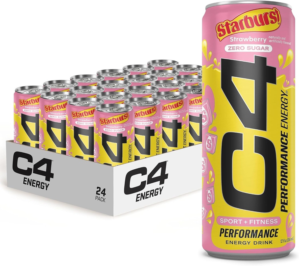 Cellucor C4 Performance Energy Drink | STARBURST Strawberry | Zero Sugar Carbonated Preworkout Energy | 200mg Caffeina con Beta Alanine | 12 Fl Oz (24 Pack)