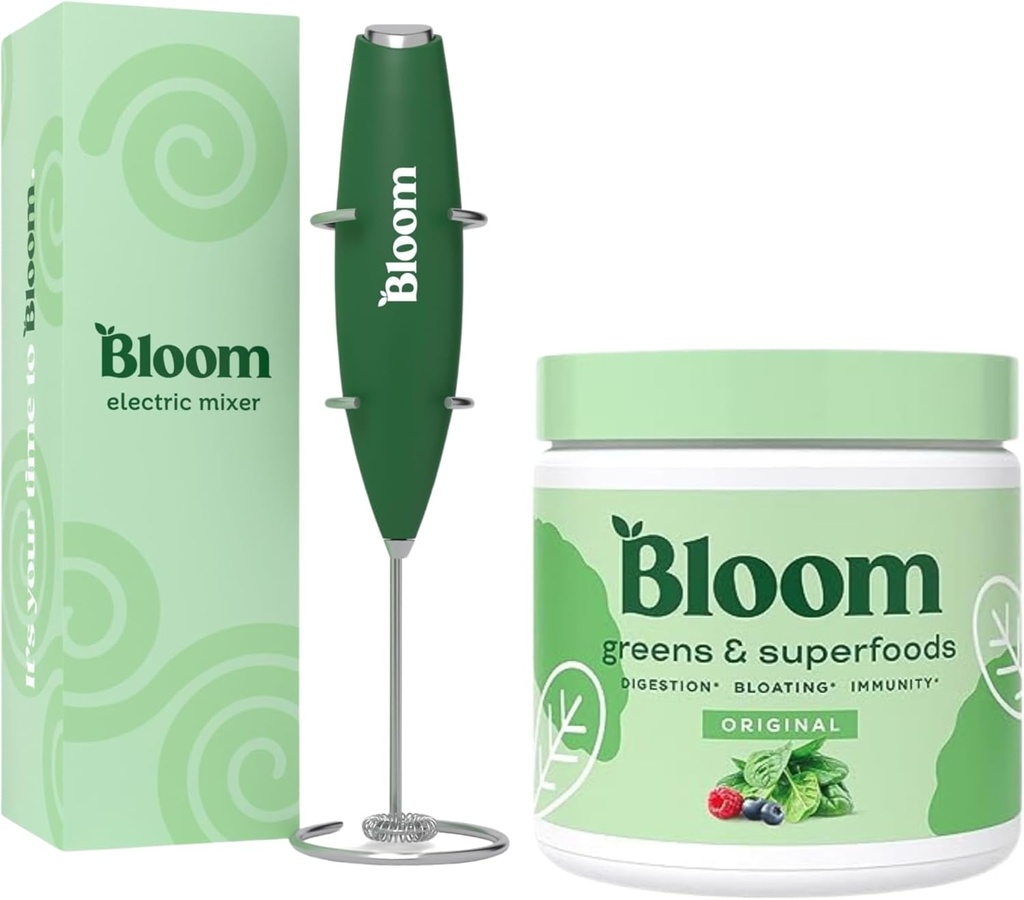 Bloom Nutrition Superfood Greens Powder, Enzimi Digestivi con Probiotici e Prebiotici, Salute Gut, Bloating Relief, Miscelatore originale + Latte ad alta potenza